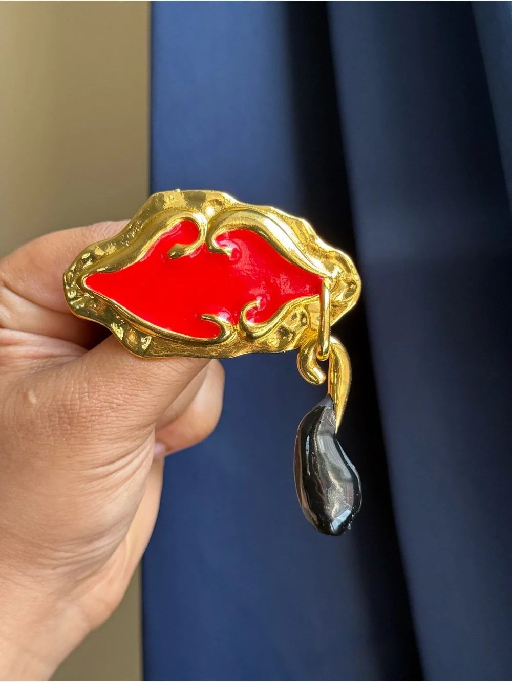 Schiaparelli Inspired Gold-Tone Red Lip & Black Teardrop Statement Brooch